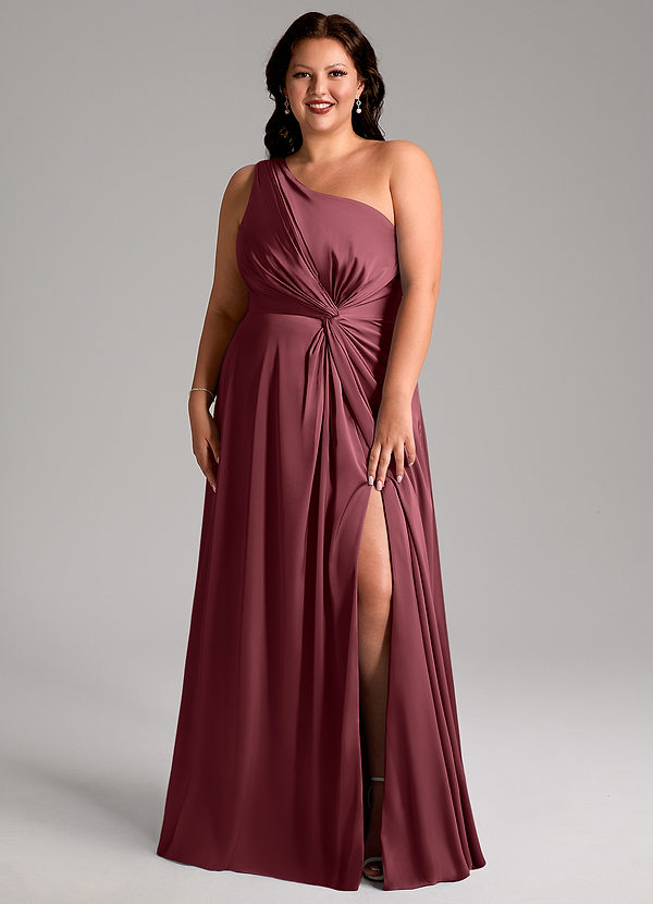 Azazie Brooke Robes Demoiselle d'honneur Robe Trapèze en Satin extensible Ue épaule Merlot image1
