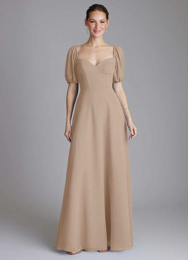 Azazie Fatima Bridesmaid Dresses Taupe A-Line with Pockets Chiffon Dress image1
