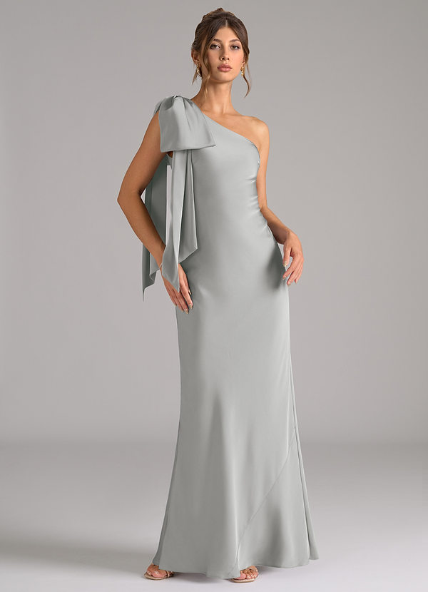 Azazie Capri Robes Demoiselle d'honneur Robe Sirène en Satin extensible Ue épaule Argent image1