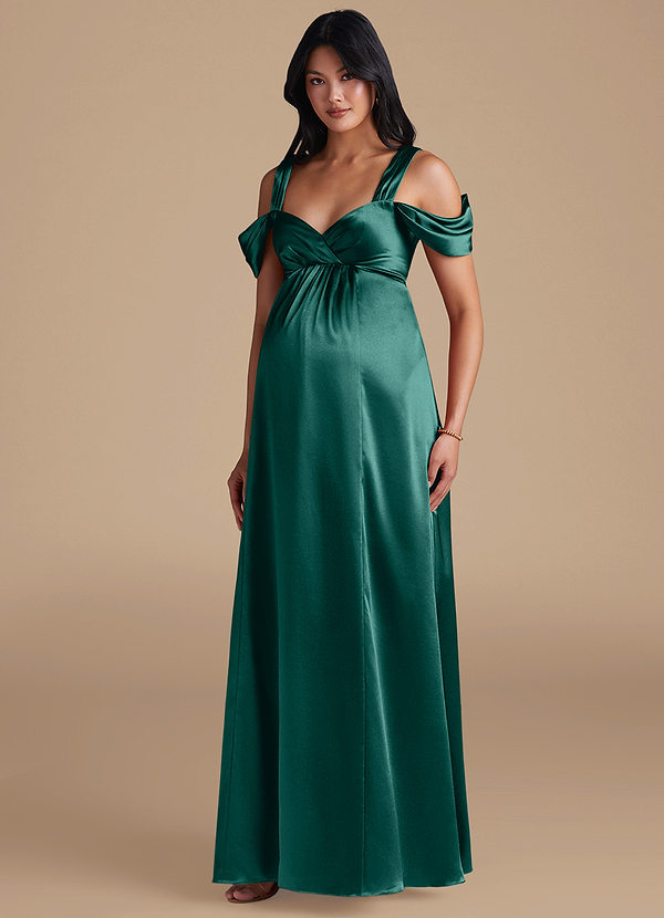 Azazie Rhea Maternity Bridesmaid Dresses A-Line Pleated Metallic Satin Floor-Length Dress image1
