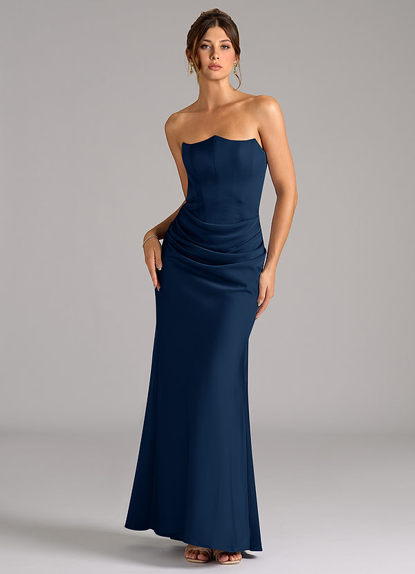 Azazie Debby Bruidsmeisjes Jurken Converteerbaar Jurk van Stretch Satijn met Zeemeermin Strapless Donkere Marine image1