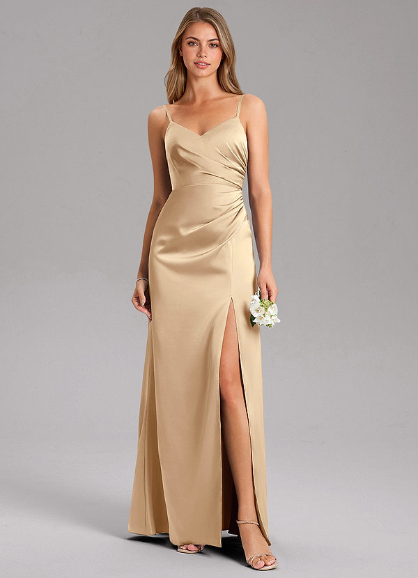 Azazie Azuree Bridesmaid Dresses Champagne A-Line Pleated Stretch Satin Dress image1