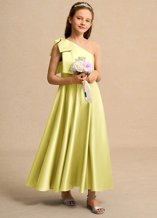 Azazie Guppy Girls Formal Flower Girl Dresses Lemon Sorbet A-Line One Shoulder Matte Satin Dress image1