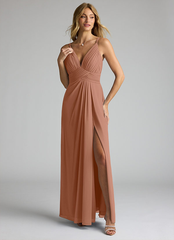Azazie Maren Allure Robes Demoiselle d'honneur Robe Trapèze en Mousseline de soie Col V dentelle Bronze image1