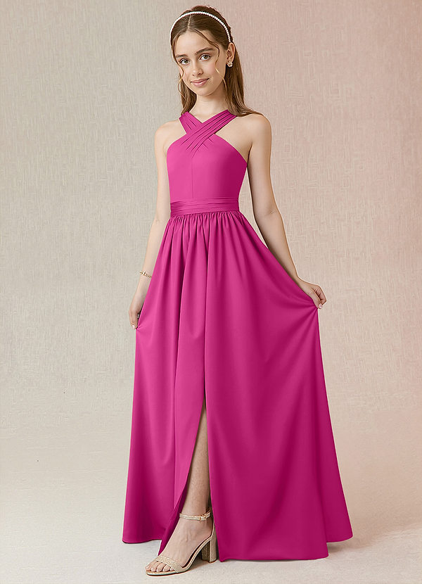 Azazie Jiya Junior A-Linie Plissee Stretch-Satin Kleid Fuchsia image1