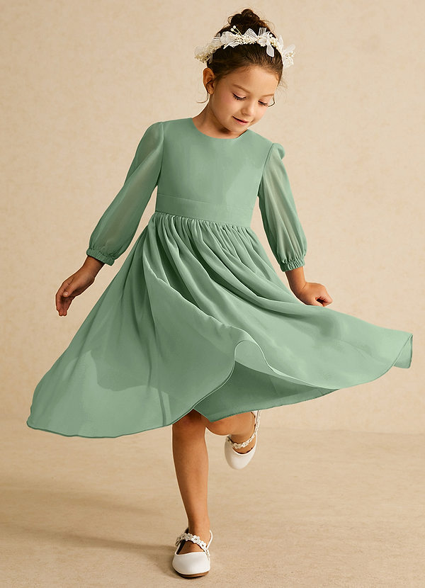 Azazie Lolo Abiti da Ragazza di Fiori Abito A-Line in Chiffon Con Maniche Matcha image1