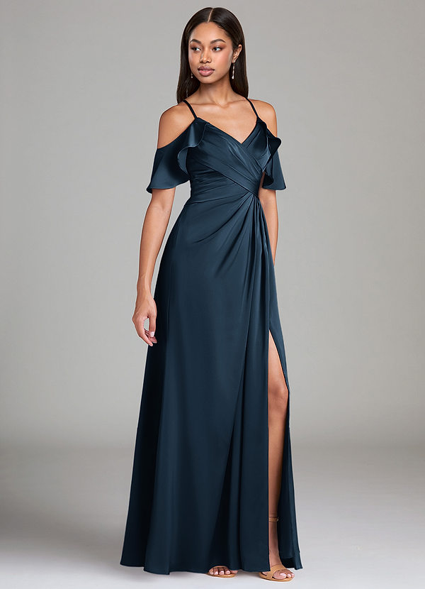 Azazie Dakota Bruidsmeisjesjurken Jurk van Stretch Satijn met A-lijn Off-shoulder Donkere Marine image1