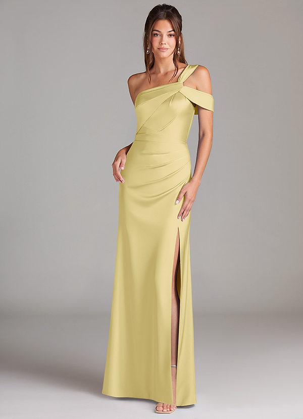 Azazie Wynter Bridesmaid Dresses Lemon Sorbet Sheath Off the Shoulder Stretch Satin Dress image1