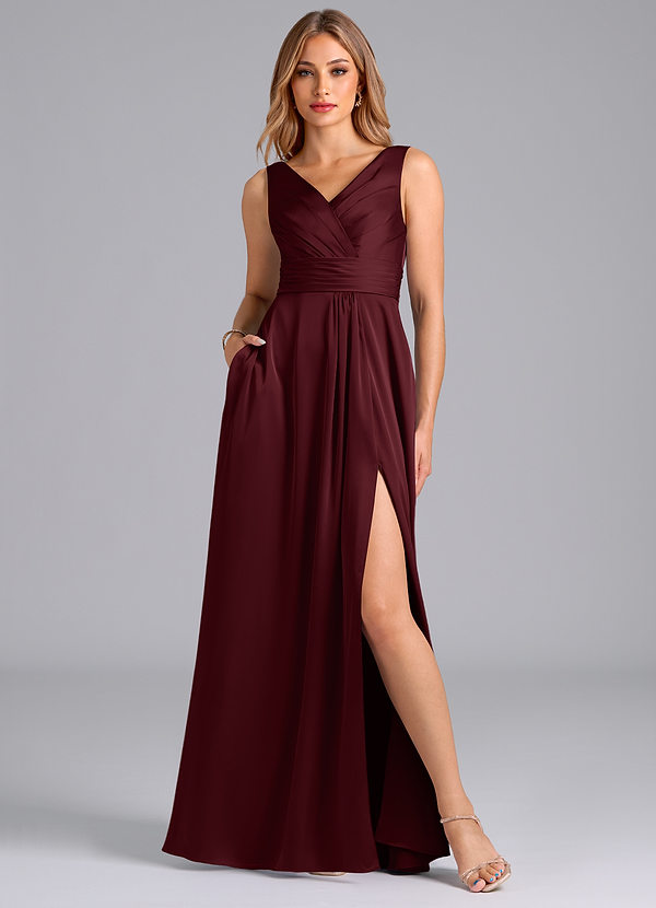 Azazie Karina Bridesmaid Dresses Cabernet A-Line Pleated Stretch Satin Dress image1