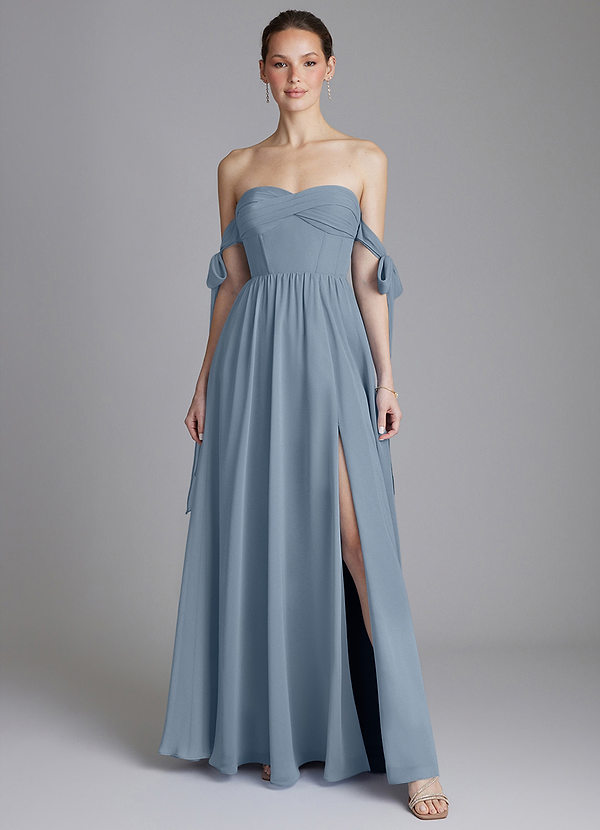 Azazie Ayanna Bridesmaid Dresses Dusty Blue A-Line Off the Shoulder Chiffon Dress image1