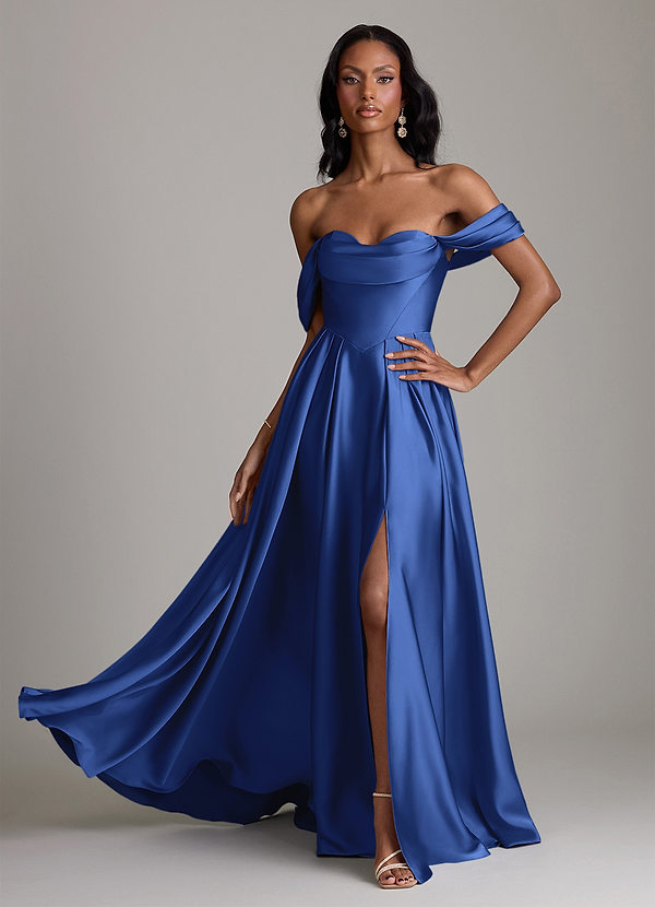 Azazie Loisa Bridesmaid Dresses Royal Blue A-Line Off the Shoulder Stretch Satin Dress image1