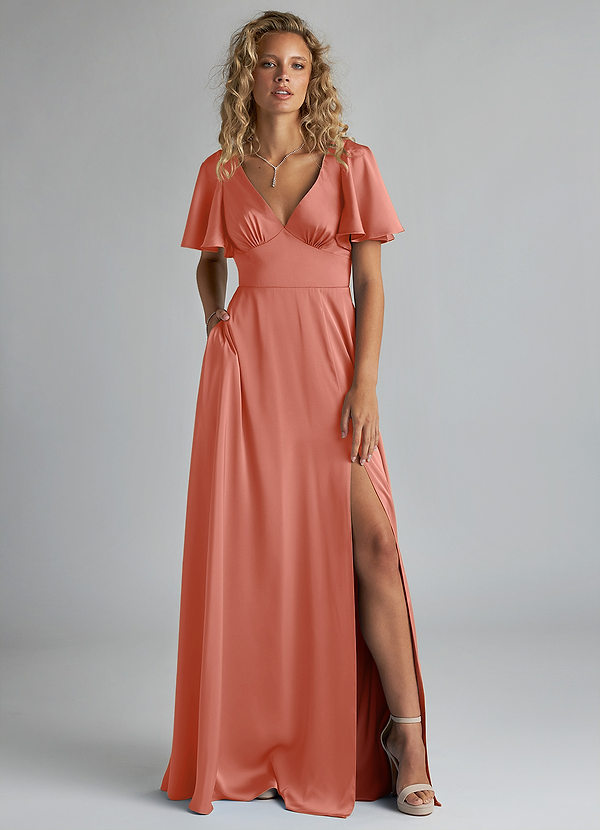 Azazie Kimber Bridesmaid Dresses Salmon Pink A-Line Ruched Stretch Satin Dress image1