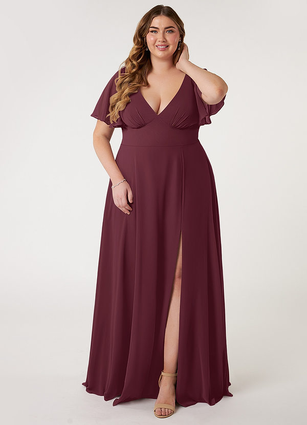 Azazie Kimber Bridesmaid Dresses Cabernet A-Line Flounce Sleeve Chiffon Dress image1