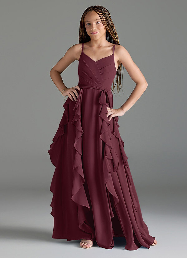 Azazie Peyton Junior Vestido de Cabernet de Gasa de Corte En A con Volantes en cascada Cuello en V image1