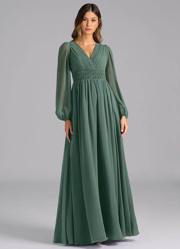 Azazie Palerma Vestidos Dama de Honor Vestido de Musgo Marino de Gasa de Corte en A con Manga larga image1