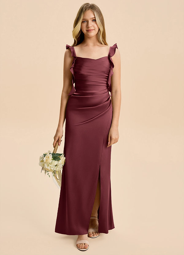 Azazie Jessamine Junior Merlot Sheath Ruched Stretch Satin Dress image1