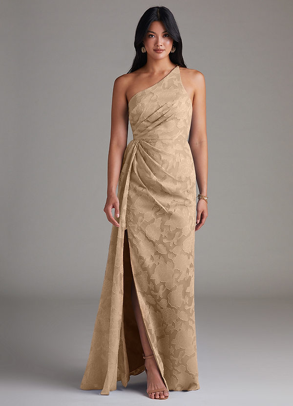 Azazie Mika Robes Demoiselle d'honneur Robe Fourreau en Blumen-Burnout Ue épaule Champagne image1