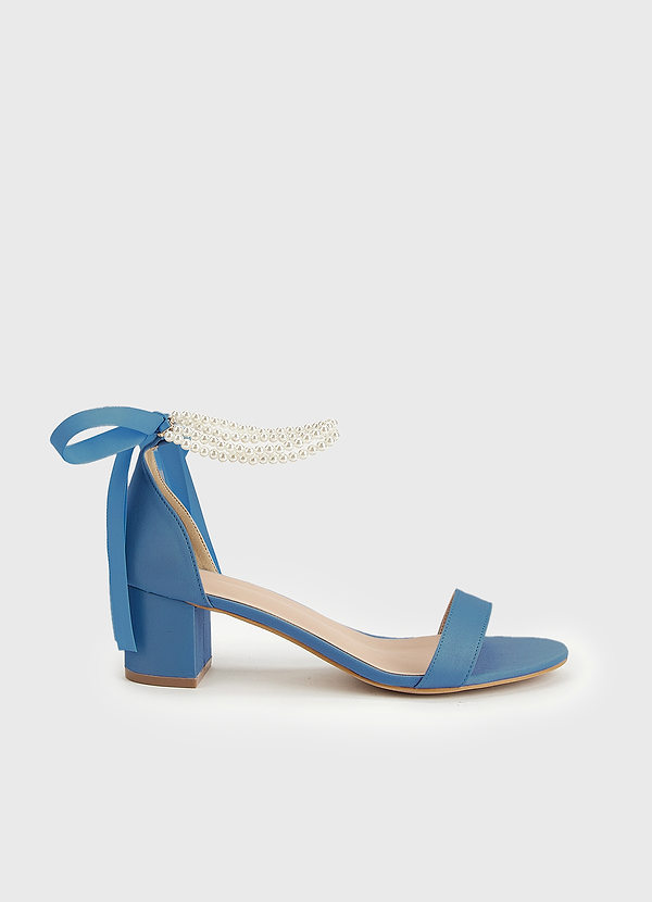 front Matching Color Matte Satin Pearl and Bow Open Toe Chunky Heel Sandals