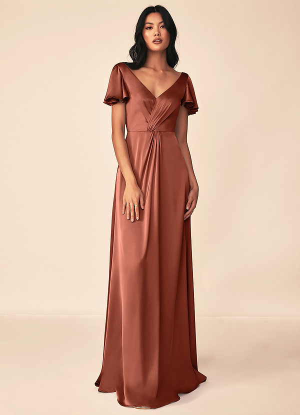 Azazie Soren Bridesmaid Dresses Clay A-Line Pleated Stretch Satin Dress image1