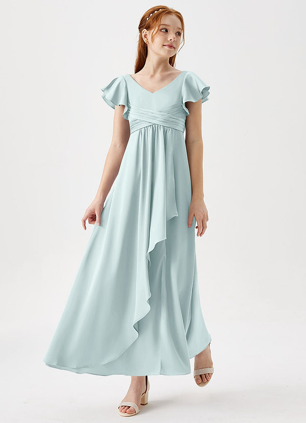 Azazie Omari Junior Mist A-Line Pleated Stretch Satin Dress image1