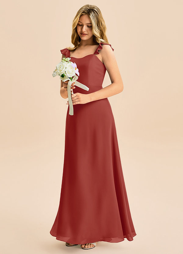 Azazie Mavie Junior Abito A-Line in Chiffon Increspato Terracotta image1