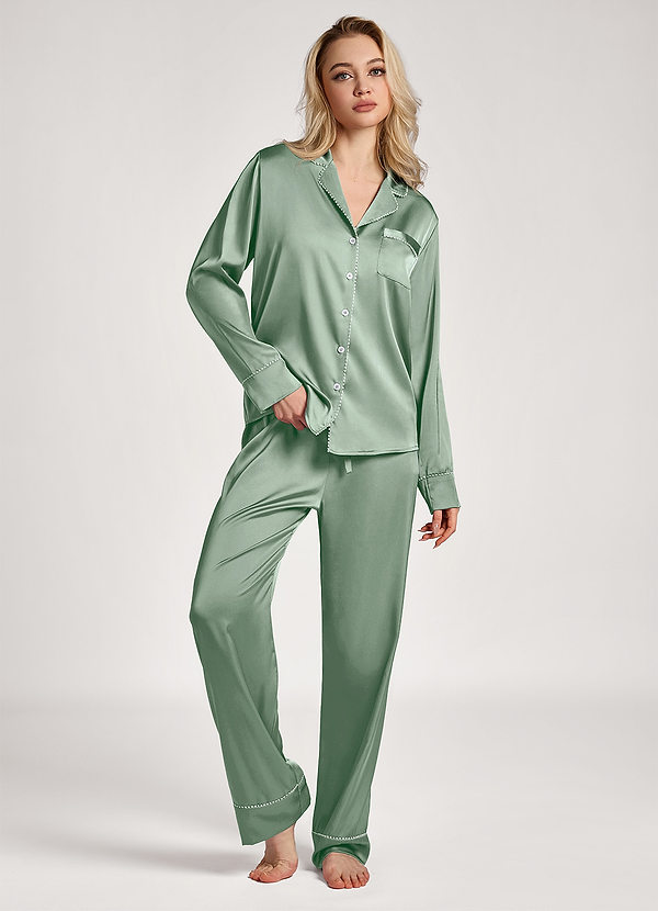front Agave Satin Lurex Trim Long Sleeve Pajama Set