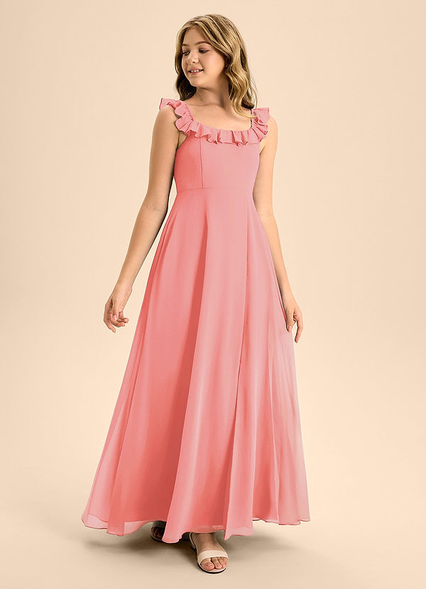 Azazie Callie Junior Abito A-Line in Chiffon Increspato Corallo image1