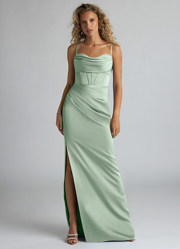 Azazie Mai Bridesmaid Dresses Agave Sheath Pleated Stretch Satin Dress image1