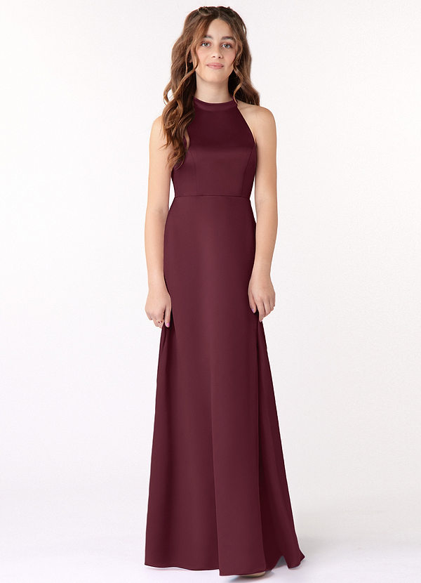 Azazie Laurel Junior A라인 매트 새틴 플로어 길이 주니어 신부 들러리 드레스 image1