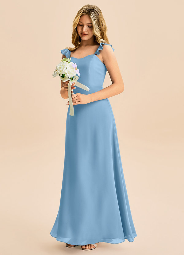 Azazie Mavie Junior Abito A-Line in Chiffon Increspato Blu Acciaio image1