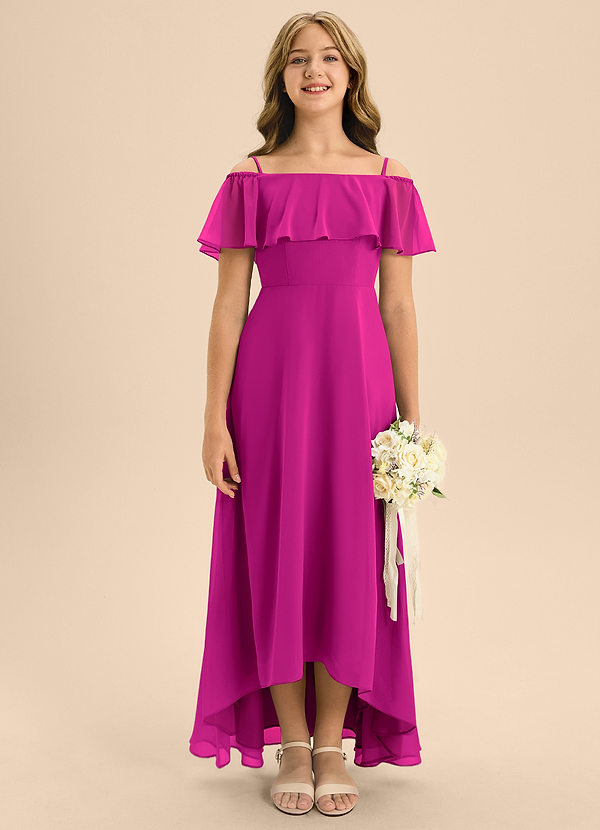 Azazie Maggie Junior A-Linie Schulterfrei Chiffon Kleid Fuchsia image1