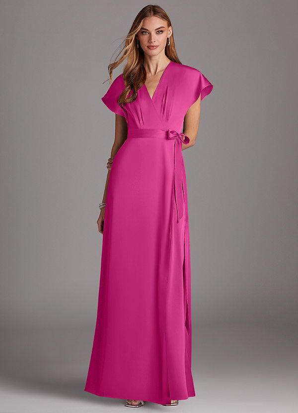 Azazie Nico Bridesmaid Dresses Fuchsia A-Line V-Neck Stretch Satin Dress image1