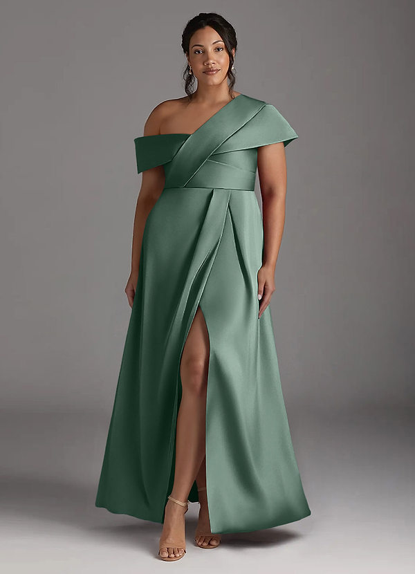 Azazie Milton Mother of the Brides Dresses Eucalyptus A-Line Pleated Stretch Satin Dress image1