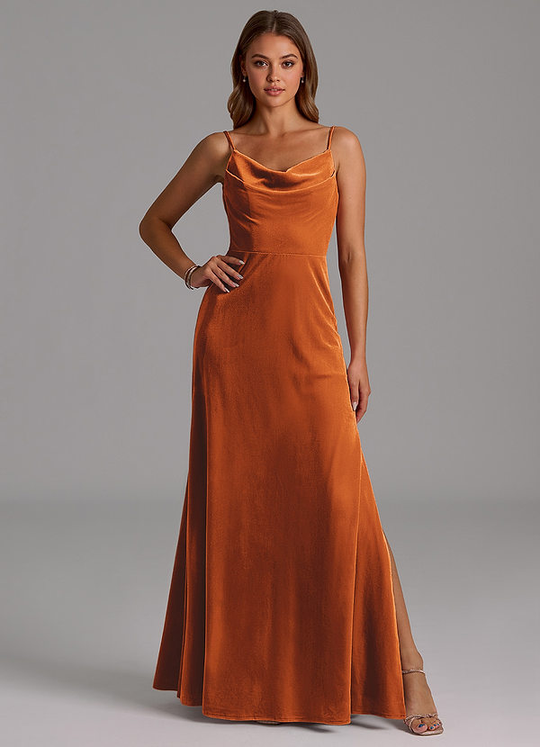 Azazie Olaine Bridesmaid Dresses Burnt Orange A-Line Pleated Velvet Dress image1