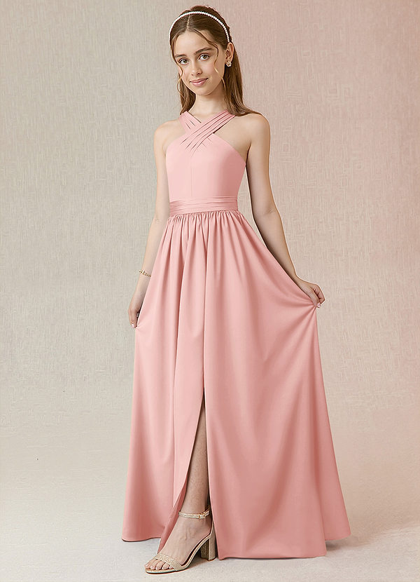 Azazie Jiya Junior Vestido de Rosa Empolvado de Satén Elástico de Corte en A con Plisado image1