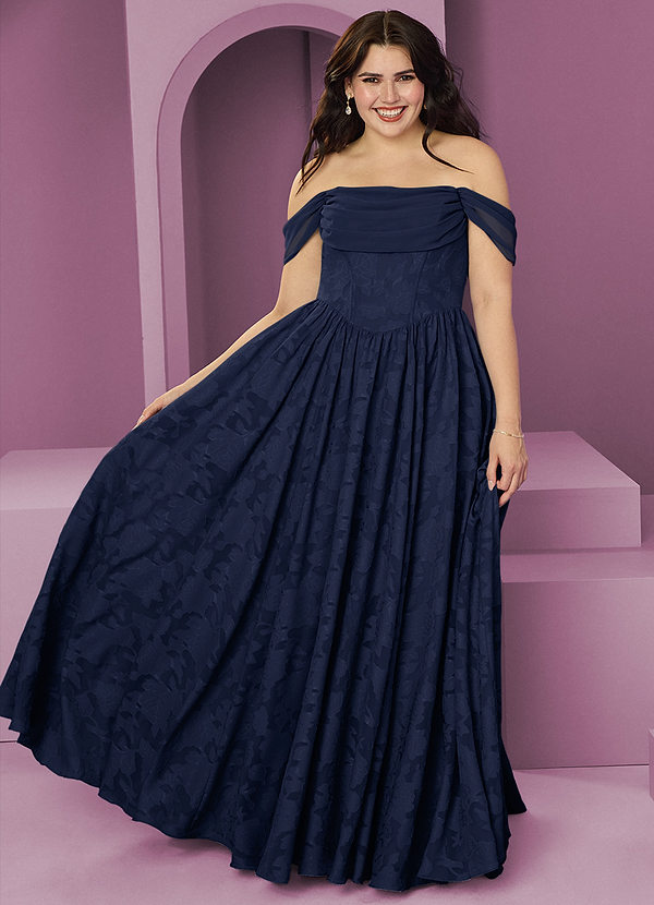 Barbie ♥ Azazie Bridesmaid Dresses Dark Navy A-Line Off the Shoulder Floral Burnout Convertible Dress image1