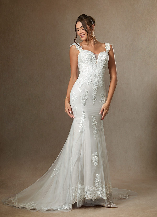 Azazie Roux Robe de Mariée Robe Sirène en Satin Paillettes Blanc De Diamant image1