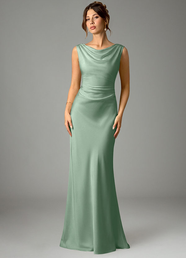 Azazie Kieryn Bridesmaid Dresses Agave Mermaid Pleated Stretch Satin Dress image1