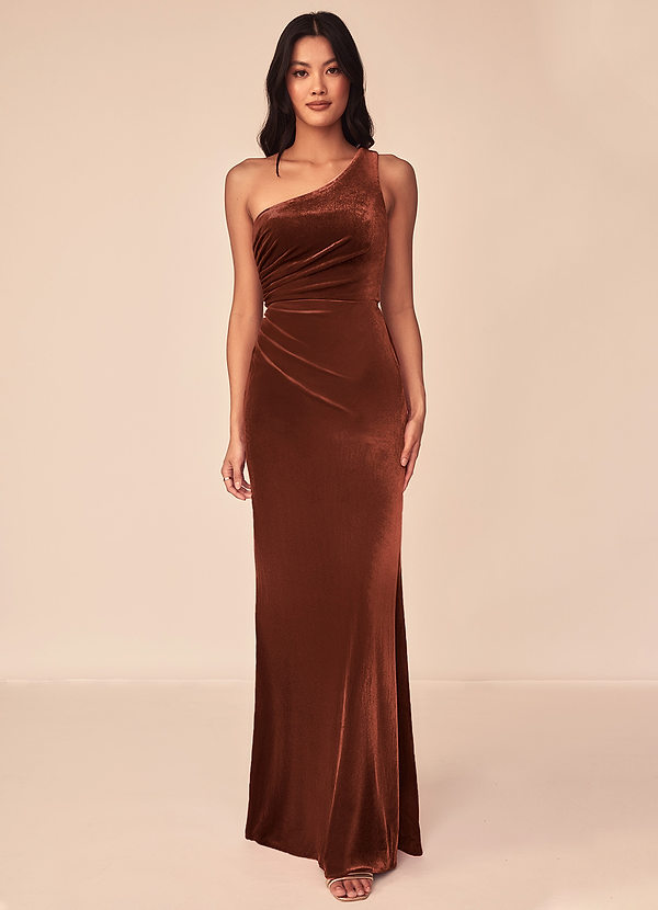Azazie Argan Bridesmaid Dresses Terracotta A-Line One Shoulder Pleated Velvet Dress image1