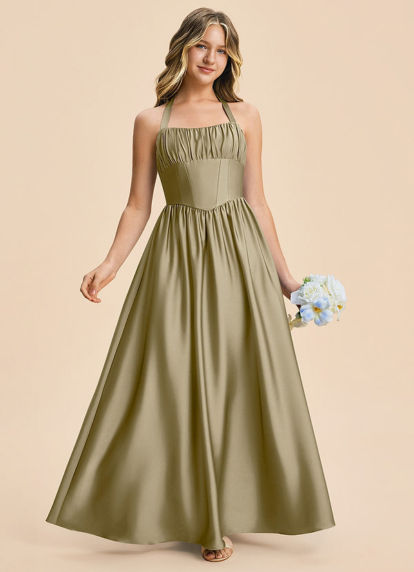 Kyrie Junior Moss Green A-Line Pleated Stretch Satin Dress image1