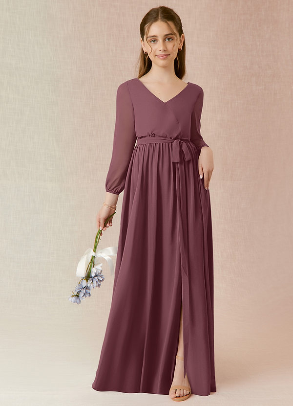 Azazie Angelica Junior Abito A-Line in Chiffon Plissettato Sangria image1