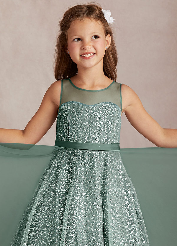 Azazie Siwa Sukienki dla dziewczynek sypiących kwiaty Linia A Zroszony Tiul Długość kostki Sukienka image1