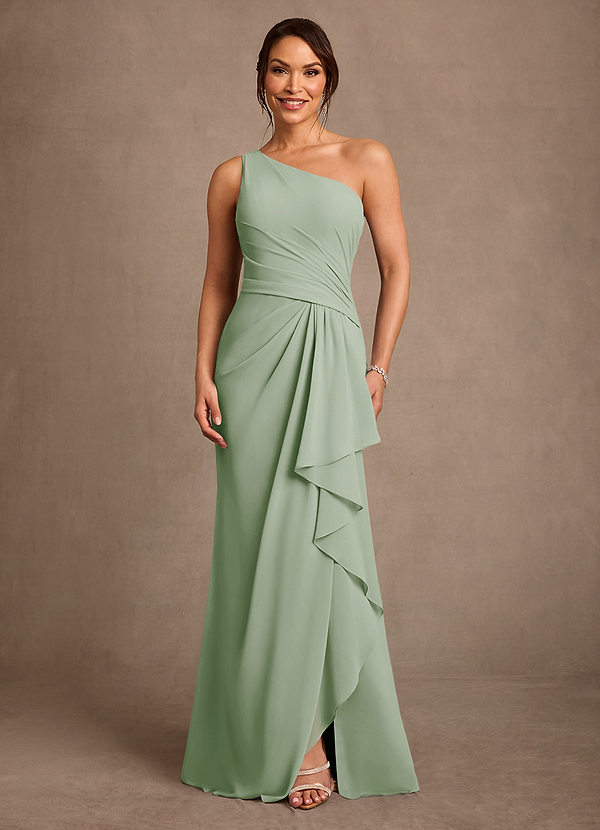 Azazie Floy Mother of the Bride Dresses Vestido Dusty Sage de Chiffon de Bainha com Um ombro image1