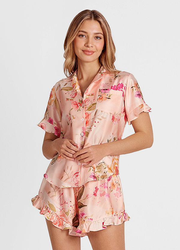 front Abstrakt Bukett Blommig Mönstrad pyjamas med volanger och korta ärmar