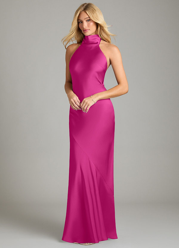 Azazie Velli Vestidos Dama de Honor Vestido de Fucsia de Satén Elástico de Corte Sirena con Cuello Alto image1