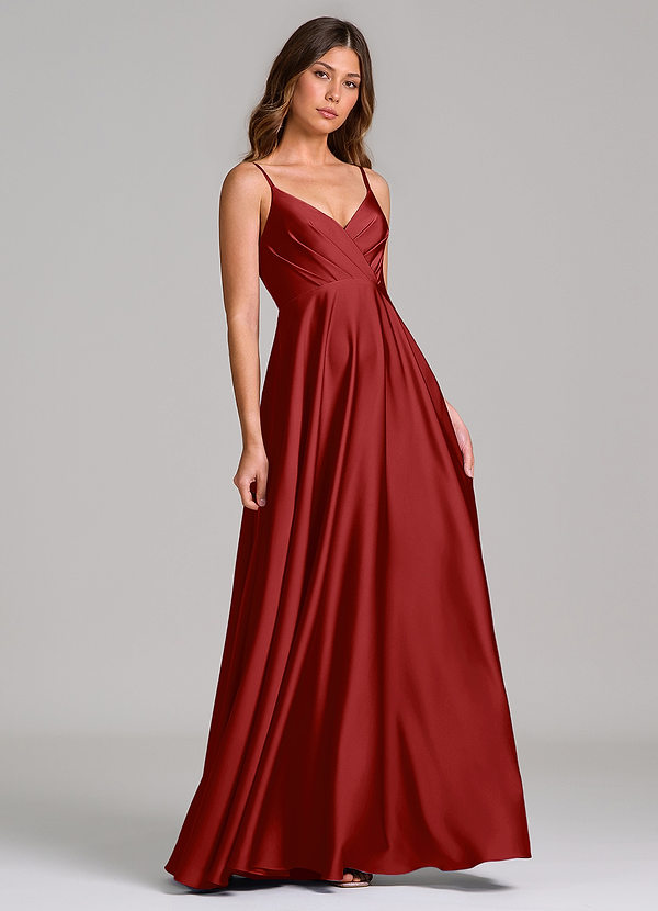 Azazie Amani Brautjungfernkleider A-Linie Plissee Stretch-Satin Kleid Granatapfelrot image1