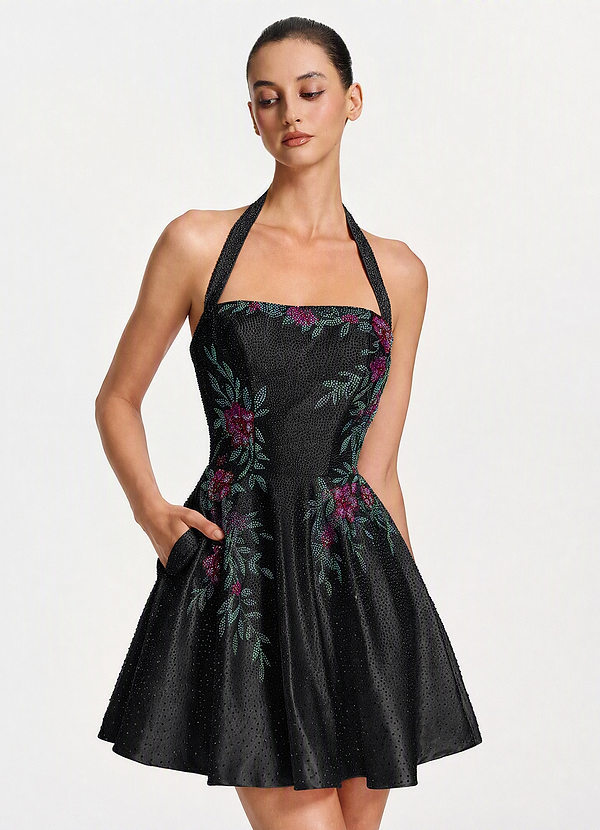Melusine Black A-line Halter Beaded Mini Dress image1