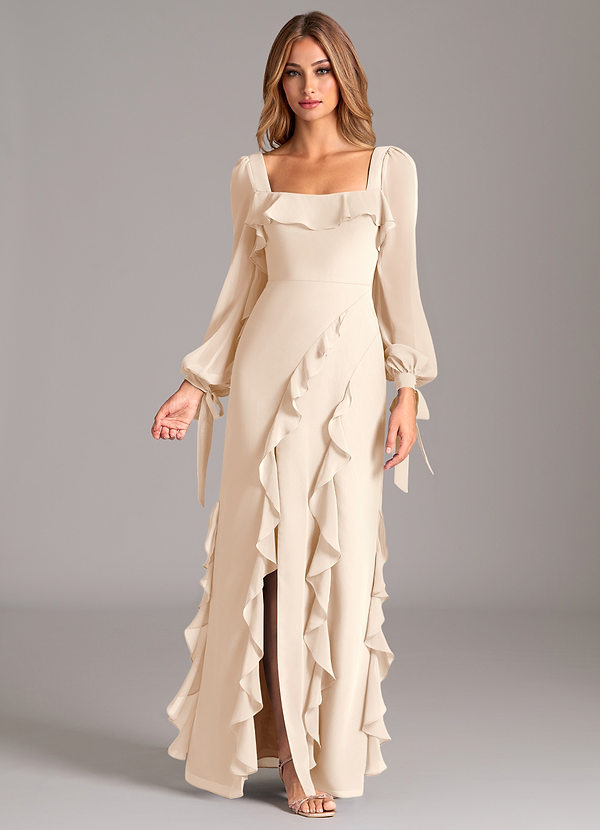 Azazie Malia Bridesmaid Dresses White Alabaster A-Line Long Sleeve Chiffon Dress image1