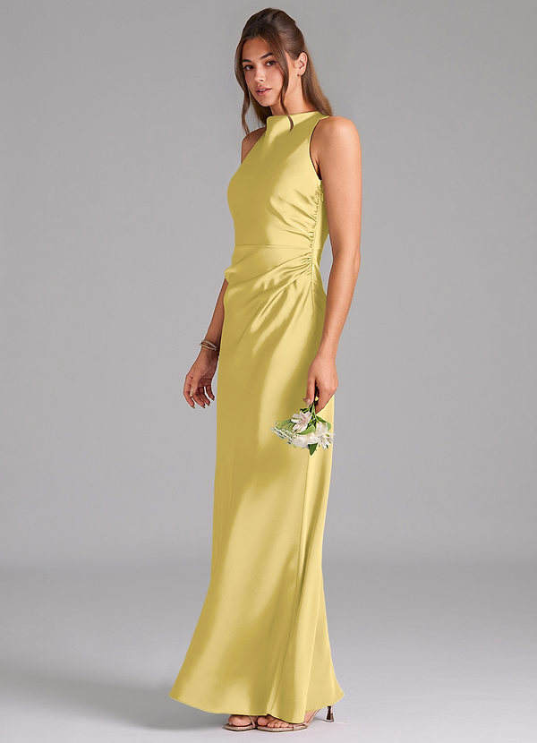 Azazie Evadne Bridesmaid Dresses Canary Sheath Pleated Stretch Satin Dress image1