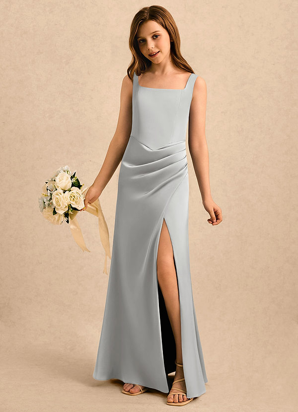 Azazie Noah Girls Formal Flower Girl Dresses Silver Sheath Pleated Stretch Satin Dress image1